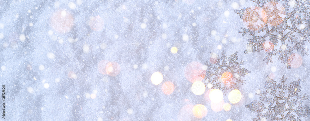Christmas winter background, banner with copy space for text - view of decorative snowflakes on snow background, double exposure photo