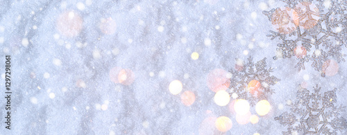 Christmas winter background, banner with copy space for text - view of decorative snowflakes on snow background, double exposure photo
