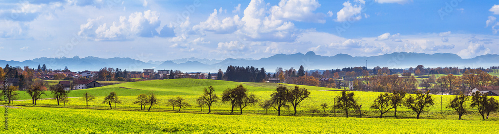 Autumn landscape, panorama, banner - view of the surroundings of the town of Ebersberg against the backdrop of the Alps, Upper Bavaria, Bavaria, Germany