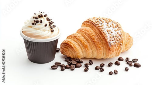 Coffee Shop Pastry and Cup with Coffee Beans Featuring Croissant and Whipped Cream Isolated on White Background. Generative AI photo