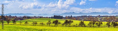 Obraz na płótnie Autumn landscape, panorama, banner - view of the surroundings of the town of Ebersberg against the backdrop of the Alps, Upper Bavaria, Bavaria, Germany w salonie