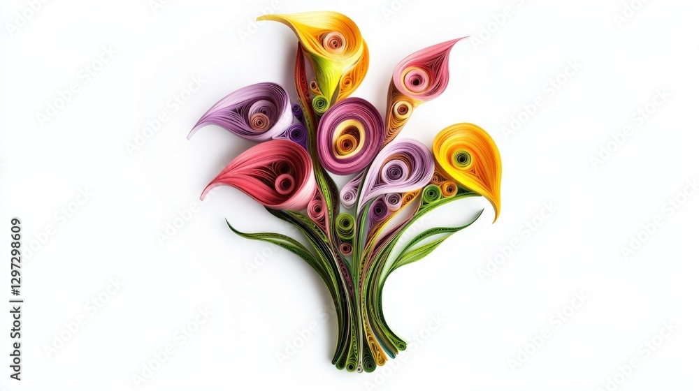 Obraz premium Elegant bouquet of quilled multi-colored Calla Lilies on white background