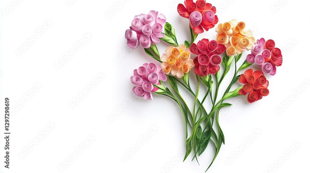 Elegant multi-colored quilled carnation bouquet elegantly arranged on a white background Elegant multi-colored quilled carnation bouquet elegantly arranged on a white background