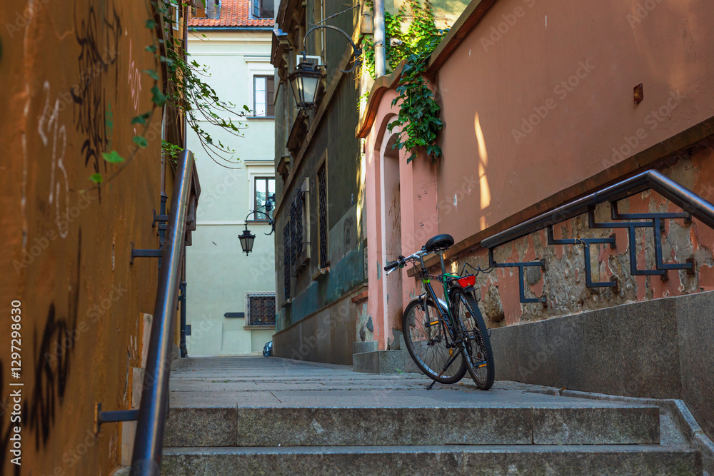 Cityscape - view of narrow street with old houses in the Old Town of Warsaw, Poland