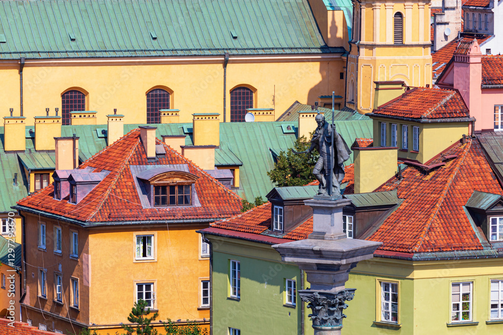 Cityscape - top view of the Old Town with Sigismund's Column, the district of Srodmiescie in the center Warsaw, Poland