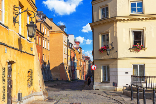 Cityscape - view of narrow streets with colorful old houses in the Old Town of Warsaw, Poland