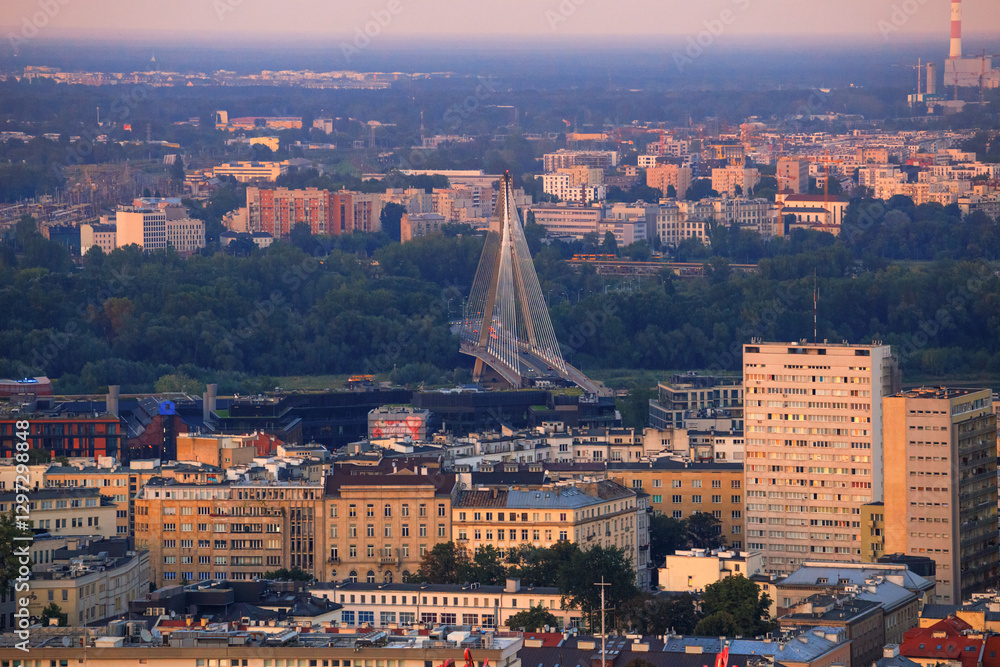 Cityscape at sunset - top view of neighbourhood of Powisle and the Swietokrzyski Bridge over the Vistula river, in center of Warsaw, Poland