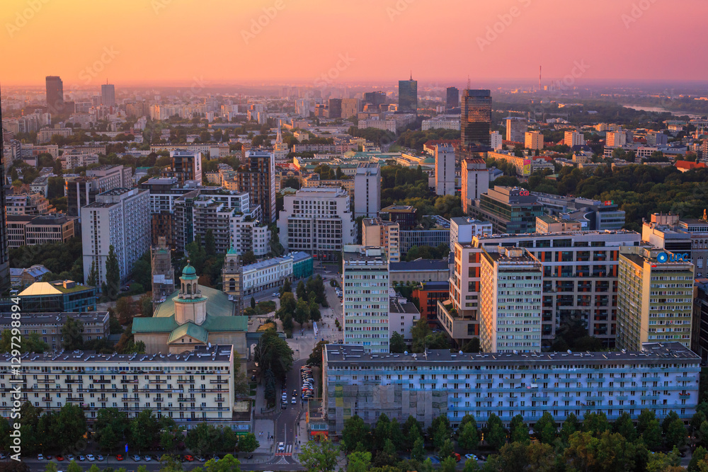 Cityscape at sunset - top view of central Warsaw, the neighbourhood of Zelazna Brama, located within Srodmiesciee district in Warsaw, Poland