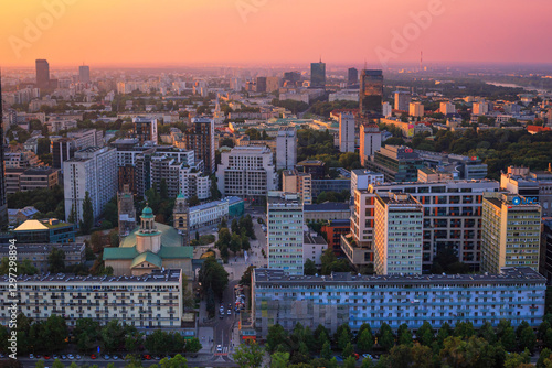 Obraz na płótnie Cityscape at sunset - top view of central Warsaw, the neighbourhood of Zelazna Brama, located within Srodmiesciee district in Warsaw, Poland w salonie