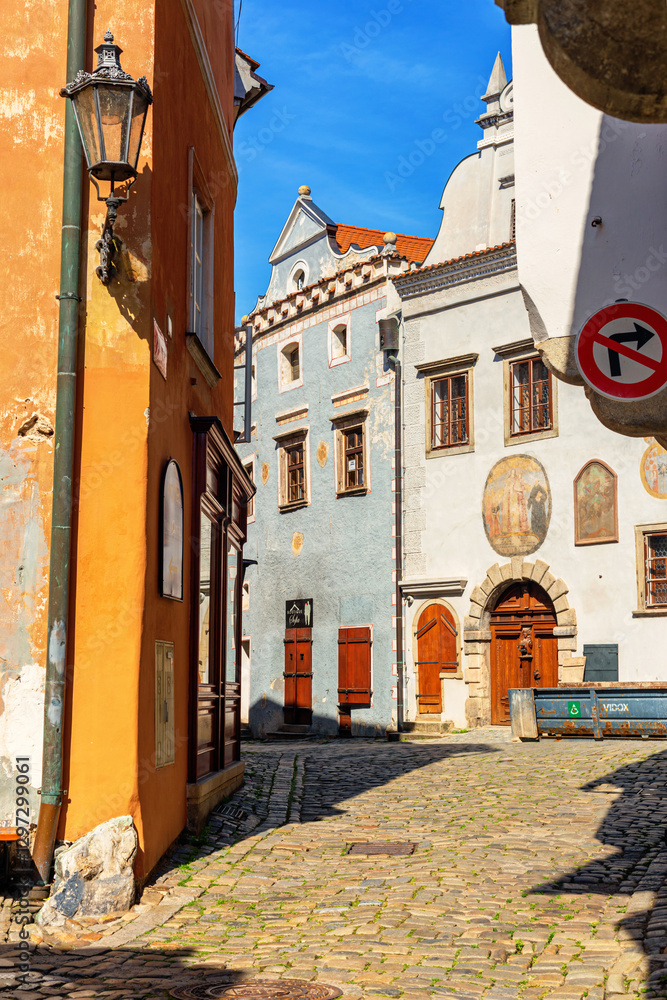 Summer cityscape - view of Latran street in the historical center of Cesky Krumlov, Czech Republic