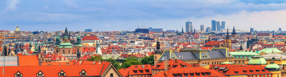 Summer cityscape, panorama, banner - top view of the historical center of Prague with Stare Mesto district, Czech Republic