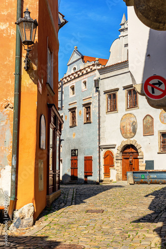 Obraz na płótnie Summer cityscape - view of Latran street in the historical center of Cesky Krumlov, Czech Republic w salonie