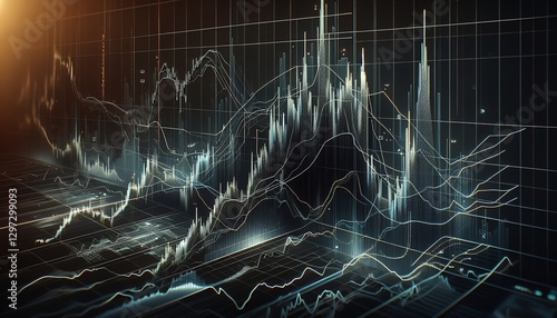 Dynamic digital stock market chart with futuristic financial data visualization that displays complex trading trends and economic analysis in a 3D interface.
