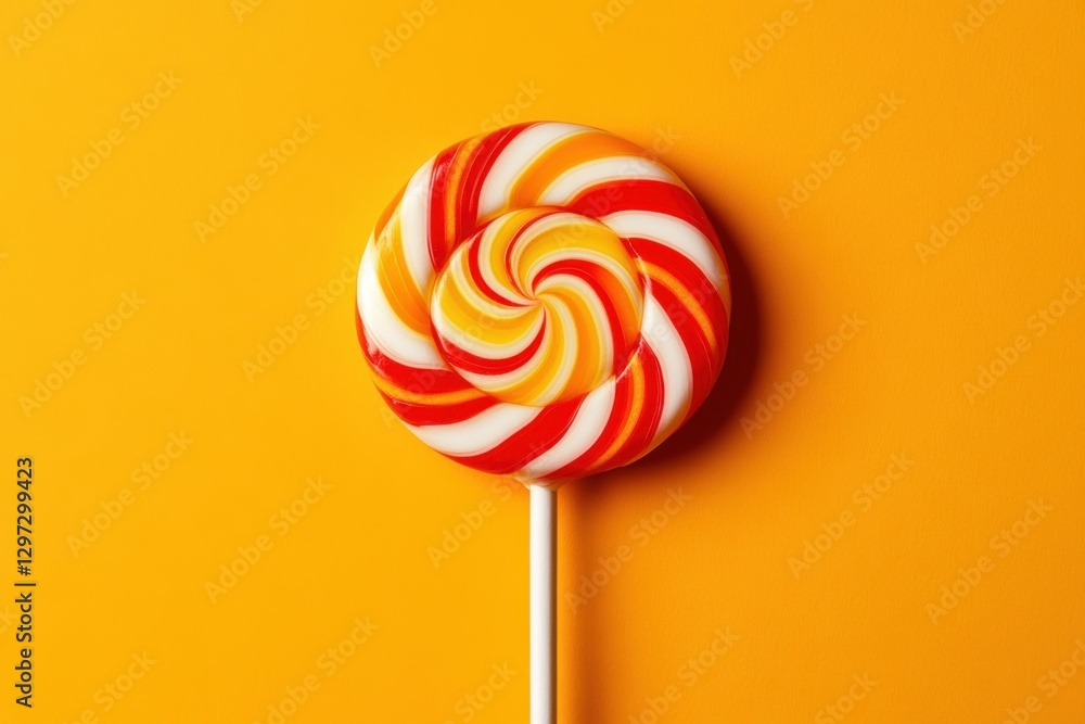 A Colorful Swirl Lollipop Positioned Centered on a Yellow Background A Colorful Swirl Lollipop Positioned Centered on a Yellow Background