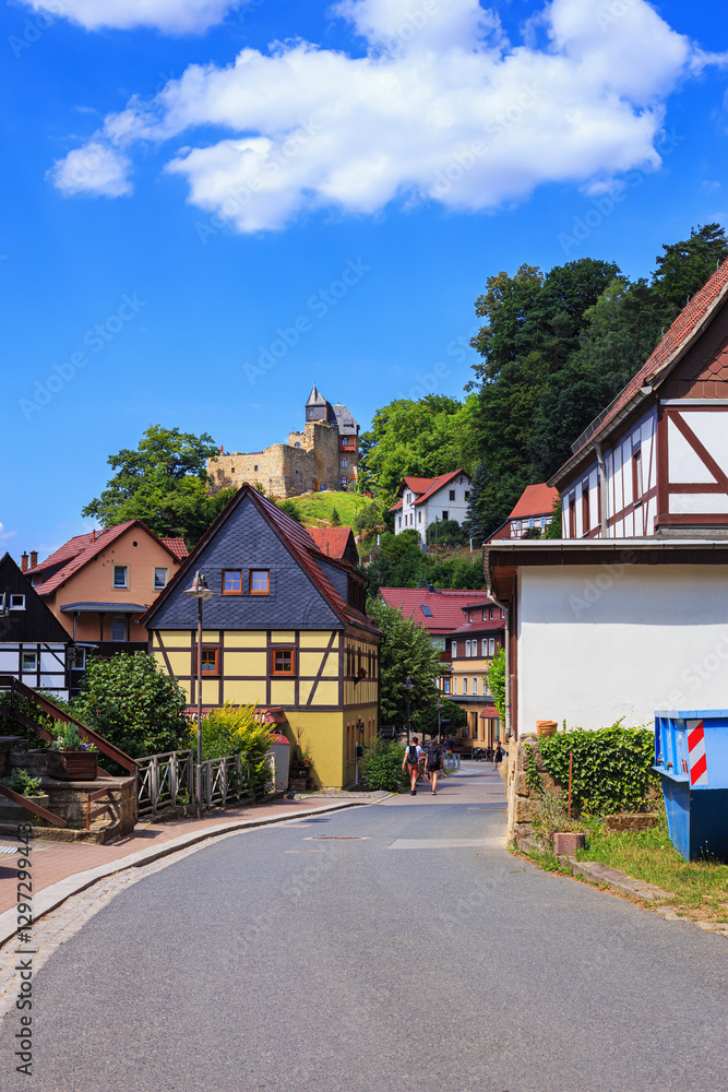 Cityscape - view of the town of Rathen in the Elbe valley near the Elbe Sandstone Mountains in Saxony, Germany
