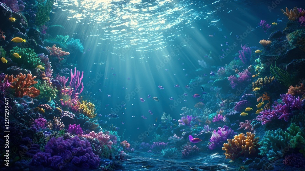 Naklejka premium Vibrant coral reef teeming with colorful fish and sunlight. (2)