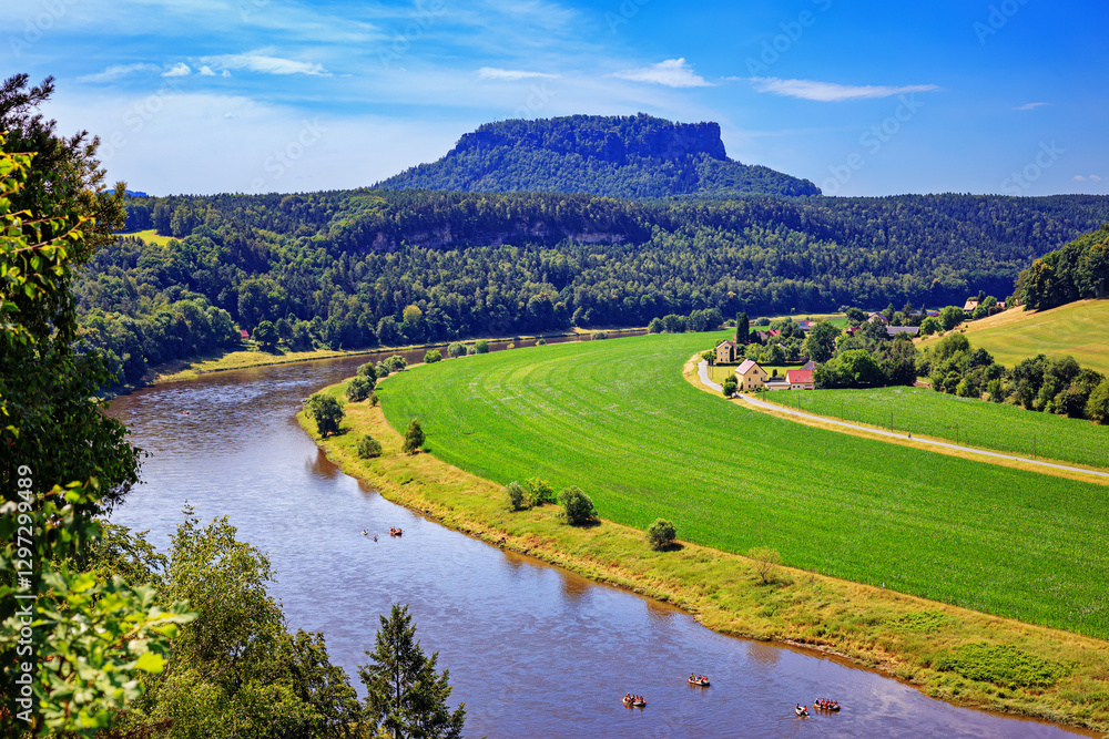Beautiful landscape - view from the Elbe Sandstone Mountains to the Elbe River valley near the village of Rathen, in Saxony, Germany