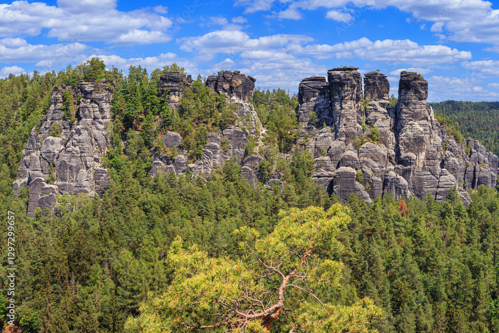 Beautiful landscape - view of the Bastei rock formations in the Elbe Sandstone Mountains, in Saxony, Germany