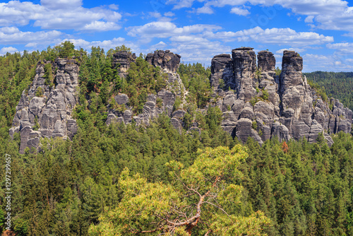 Beautiful landscape - view of the Bastei rock formations in the Elbe Sandstone Mountains, in Saxony, Germany