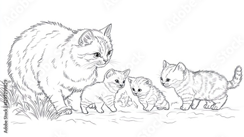 Wallpaper Mural Mother cat with kittens, detailed illustration, in nature. Possible use children's coloring book, educational material, greeting card Torontodigital.ca