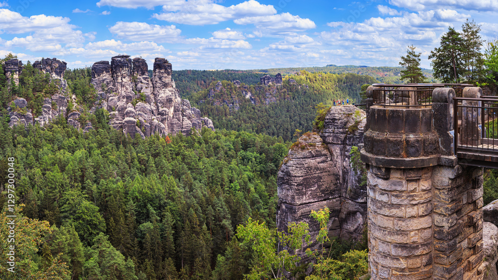 Beautiful landscape - view of the Bastei rock formations next to the Bastei Bridge in the Elbe Sandstone Mountains, in Saxony, Germany