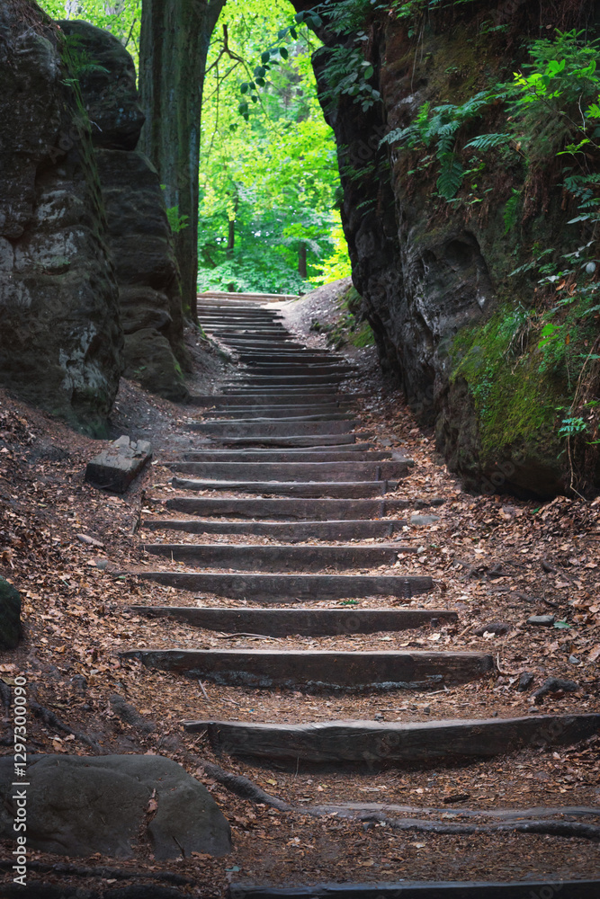 Natural landscape - view of stairs between rocks on a mountain path in Saxon Switzerland, Germany