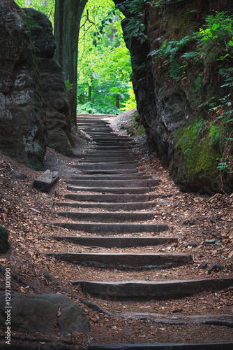 Obraz na płótnie Natural landscape - view of stairs between rocks on a mountain path in Saxon Switzerland, Germany w salonie