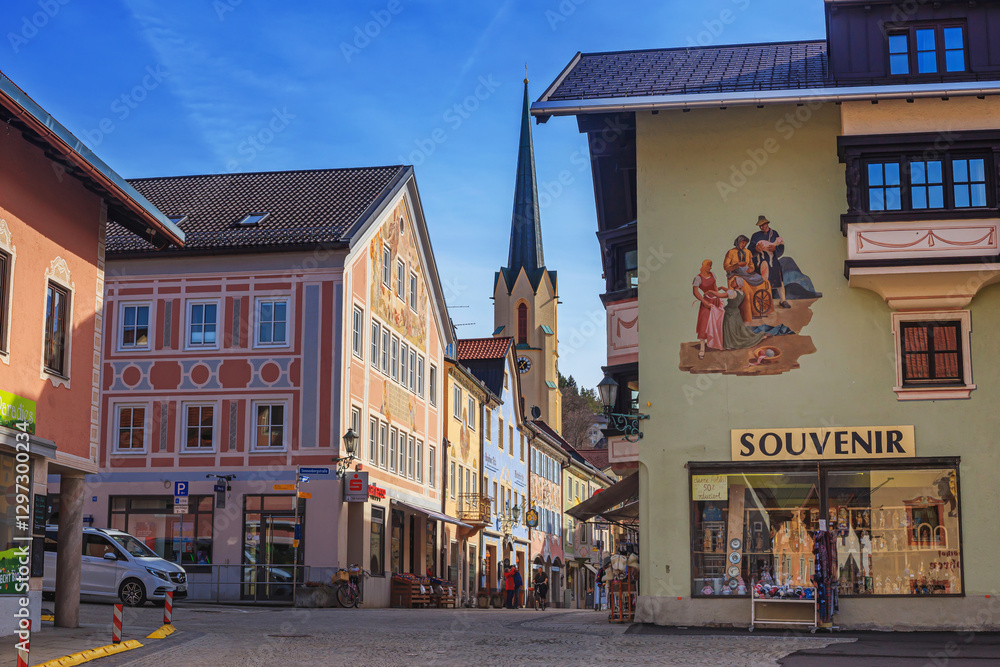 Cityscape - view on the streets of the alpine ski town of Garmisch-Partenkirchen, in Upper Bavaria, Germany
