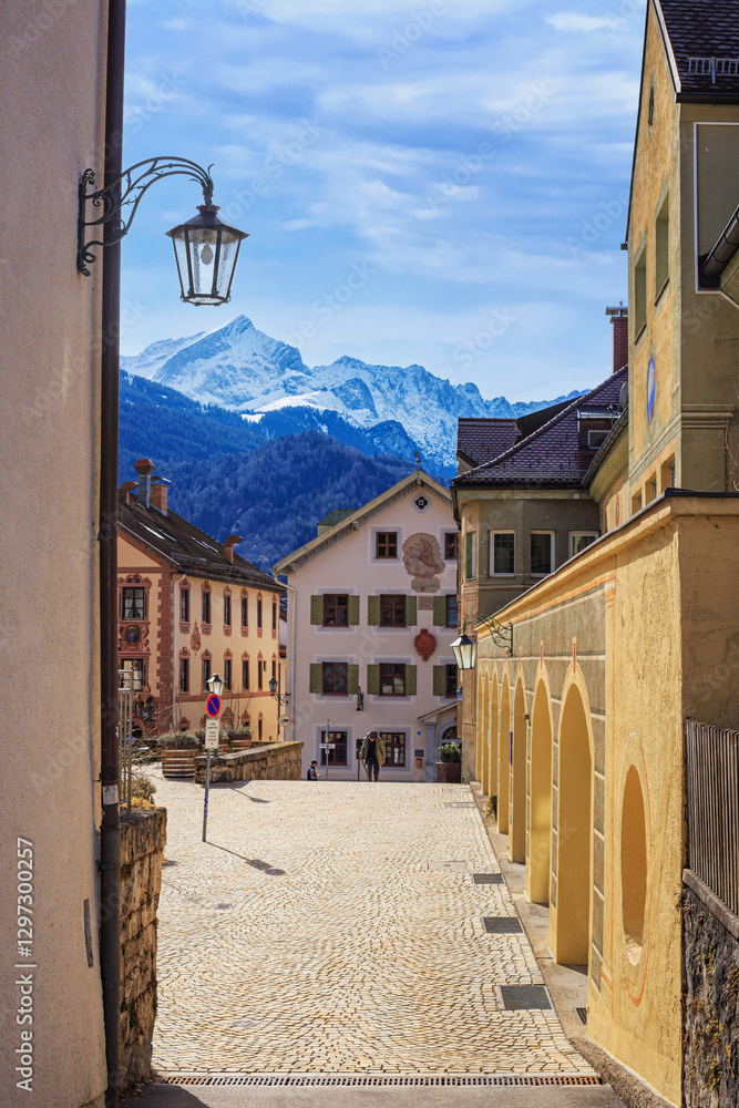 Cityscape - view on the streets of the alpine ski town of Garmisch-Partenkirchen, in Upper Bavaria, Germany