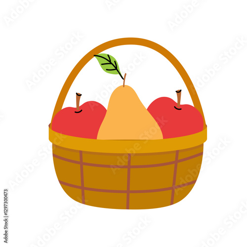 Fresh fruits in a wicker basket showing apples and a pear ready for harvest
