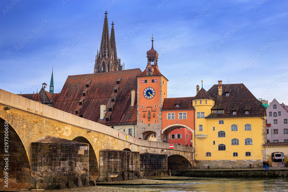 Cityscape - view of the Stone Bridge across the Danube in the Old Town of Regensburg, Bavaria, Germany