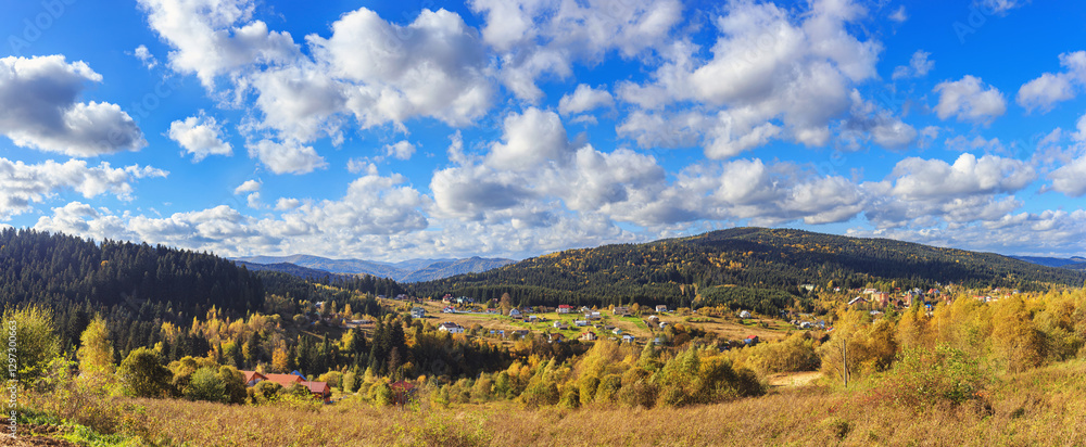 Autumn landscape, panorama, banner - view of the Carpathian Mountains near the rural settlement of Skhidnytsia, in the Lviv Oblast of western Ukraine