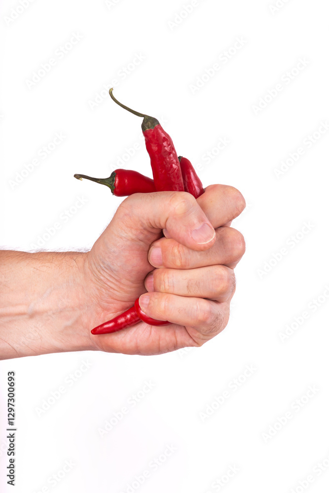 Close-up view of red chili pepper in the hands of a male cook, selective focus, isolated on white background