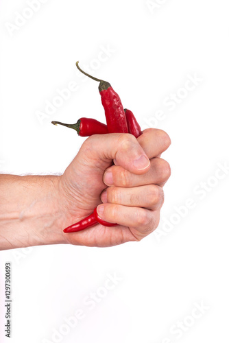 Obraz na płótnie Close-up view of red chili pepper in the hands of a male cook, selective focus, isolated on white background w salonie