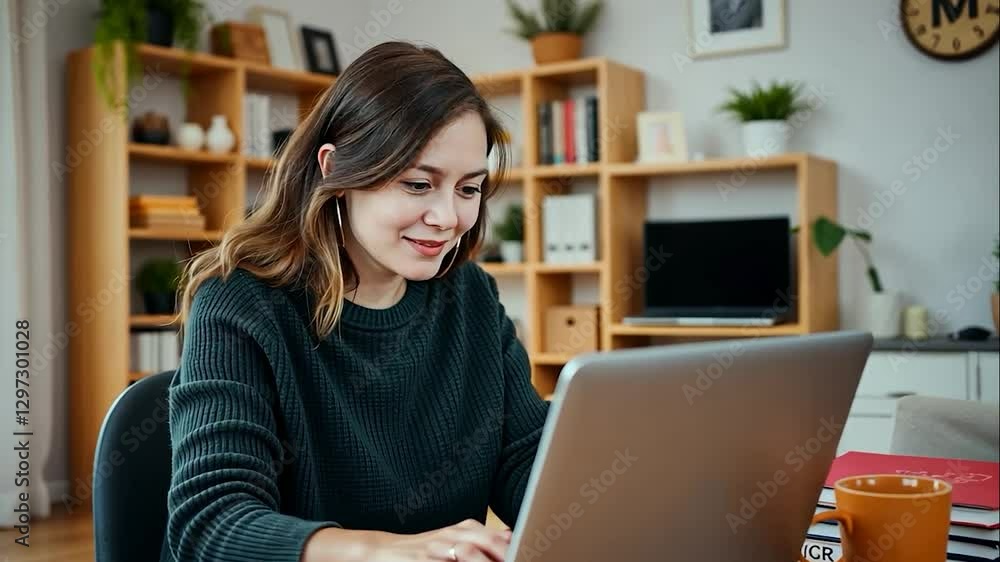 Focused young woman immersed in laptop work at her thoughtfully designed home office Focused young woman immersed in laptop work at her thoughtfully designed home office