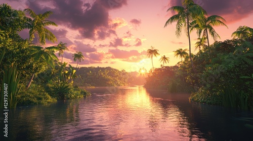 Fototapeta Naklejka Na Ścianę i Meble -  Tranquil sunset over a lush tropical river.