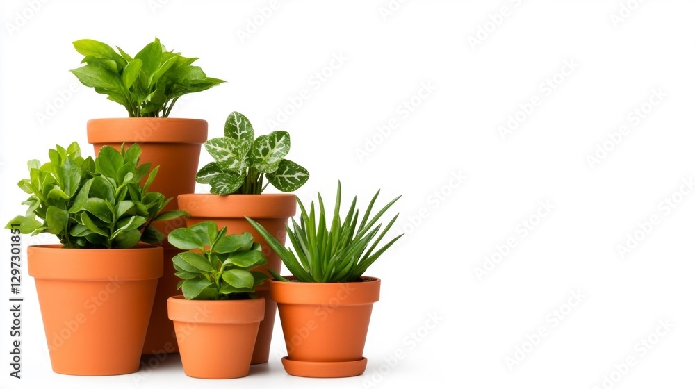 Stack of Terracotta Pots with Various Small Leafy Plants Isolated on White. Generative AI Stack of Terracotta Pots with Various Small Leafy Plants Isolated on White. Generative AI