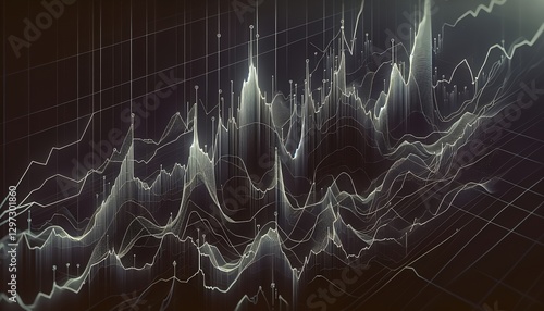 A futuristic, abstract data landscape with layered lines and spikes representing dynamic analysis, technology, and complexity.