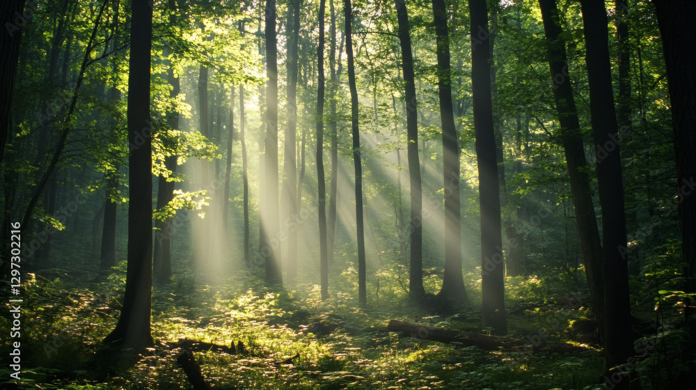 Fototapeta premium rays of sunshine passing through the branches of trees in the forest