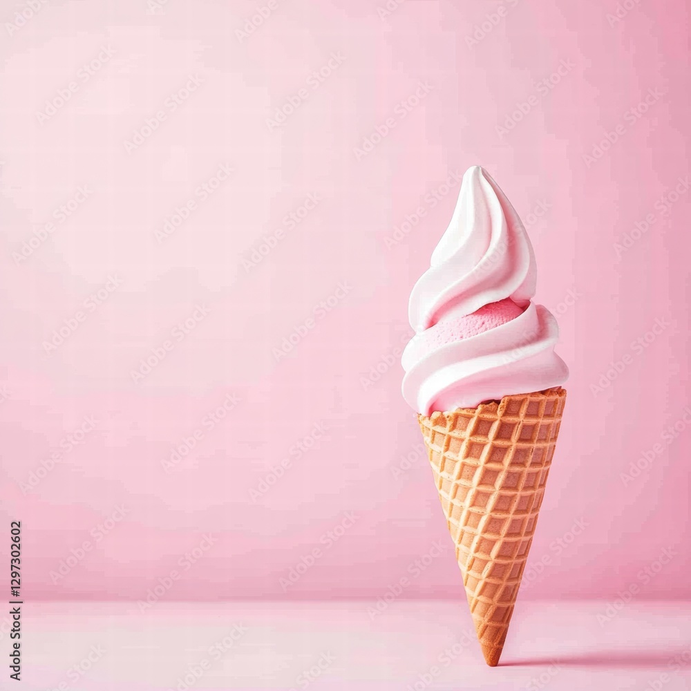 Delicious ice cream cone with soft serve and pink background in warm daylight for a vibrant summer treat. Generative AI Delicious ice cream cone with soft serve and pink background in warm daylight for a vibrant summer treat. Generative AI