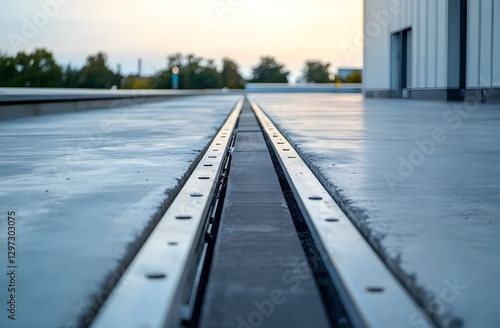 Concrete rooftop parking area shows expansion joint. Rubber strip with stainless steel cover forms gap between concrete slabs. Construction design details visible. Modern infrastructure on building