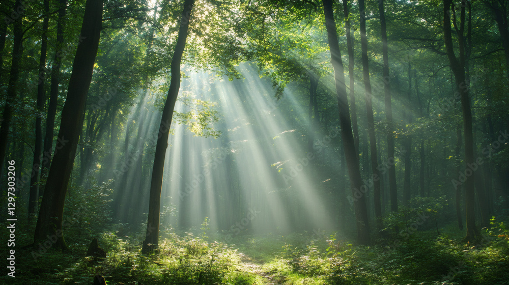 Obraz premium rays of sunshine passing through the branches of trees in the forest