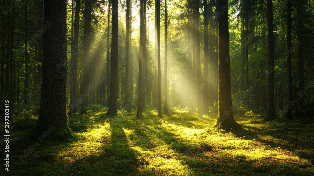 Naklejka premium rays of sunshine passing through the branches of trees in the forest