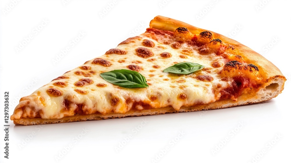 Delicious slice of Margherita pizza with melted cheese and basil on a white background. Generative AI Delicious slice of Margherita pizza with melted cheese and basil on a white background. Generative AI