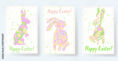 Happy Easter vector set of cards with bunny, flowers and botanical elements, with the phrase "Happy Easter!" in the center. Perfect for holiday cards, decorations, and design projects.