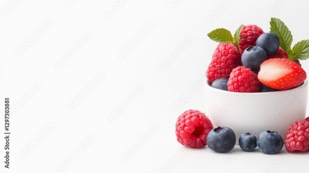 A handful of mixed berries in a small bowl with fresh mint leaves on a white isolated background. Generative AI