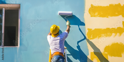 A worker paints the facade walls of a house with paint using a paint roller
