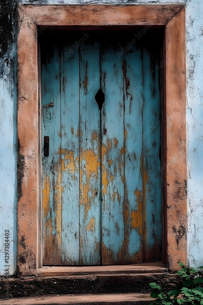 Rustic wooden door with peeling paint