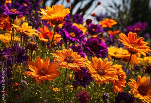 stunning close views colorful flower gardens overflowing vibrancy under bright natural light, bloom, petal, blossom, vibrant, greenery, landscape, flora