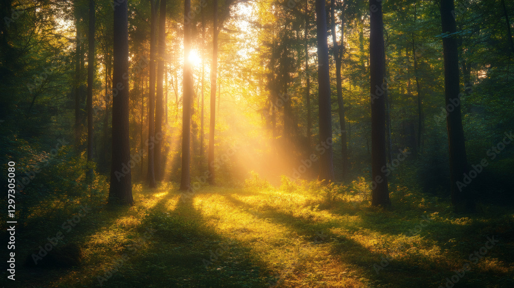 Fototapeta premium rays of sunshine passing through the branches of trees in the forest